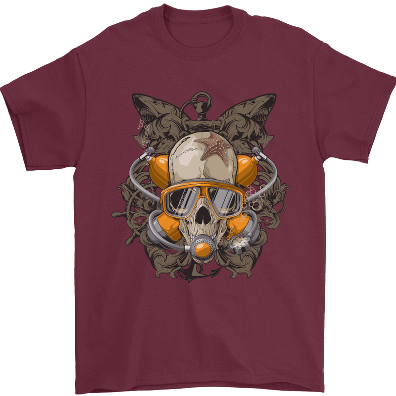 Scuba Diving Skull Diver Dive Mens T-Shirt Cotton Gildan Maroon