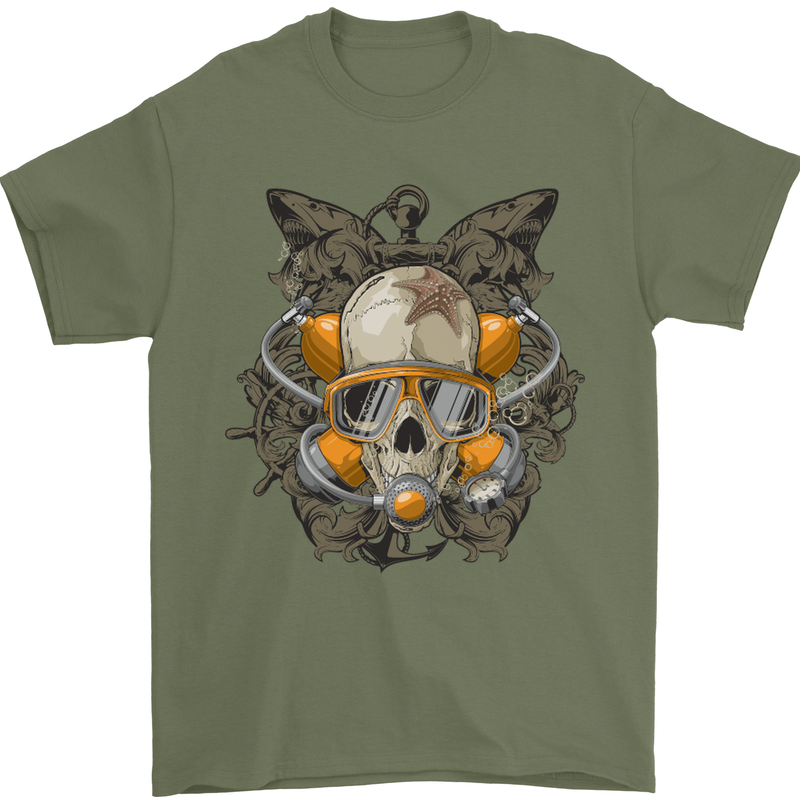 Scuba Diving Skull Diver Dive Mens T-Shirt Cotton Gildan Military Green