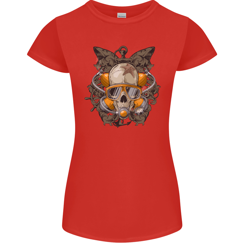 Scuba Diving Skull Diver Dive Womens Petite Cut T-Shirt Red