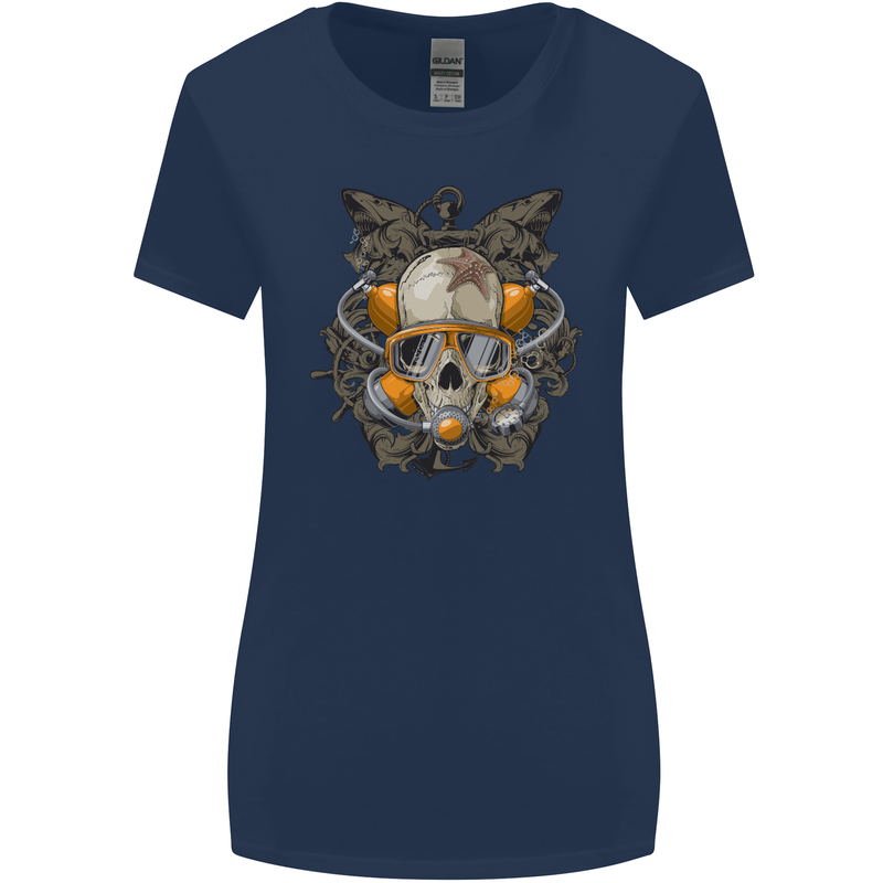 Scuba Diving Skull Diver Dive Womens Wider Cut T-Shirt Navy Blue