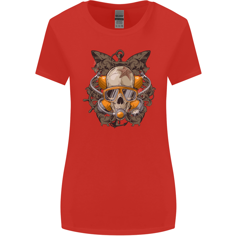 Scuba Diving Skull Diver Dive Womens Wider Cut T-Shirt Red