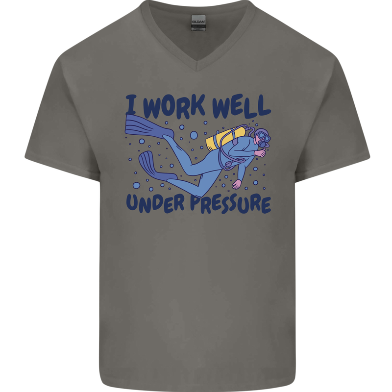 Scuba Diving Work Well Under Pressure Diver Mens V-Neck Cotton T-Shirt Charcoal