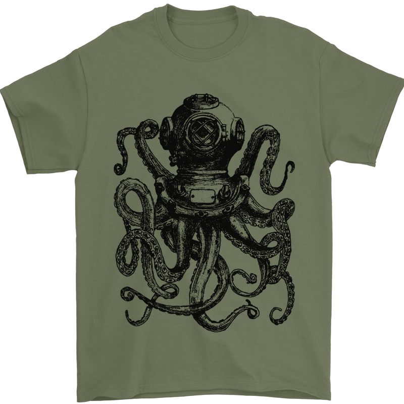 Scuba Octopus Diver Dive Diving Mens T-Shirt Cotton Gildan Military Green