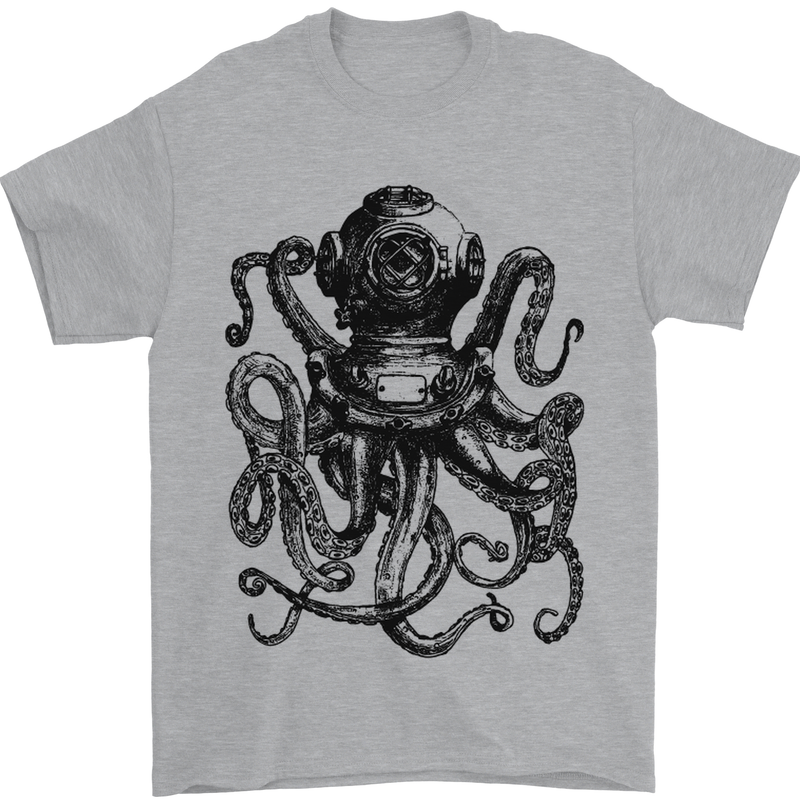 Scuba Octopus Diver Dive Diving Mens T-Shirt Cotton Gildan Sports Grey