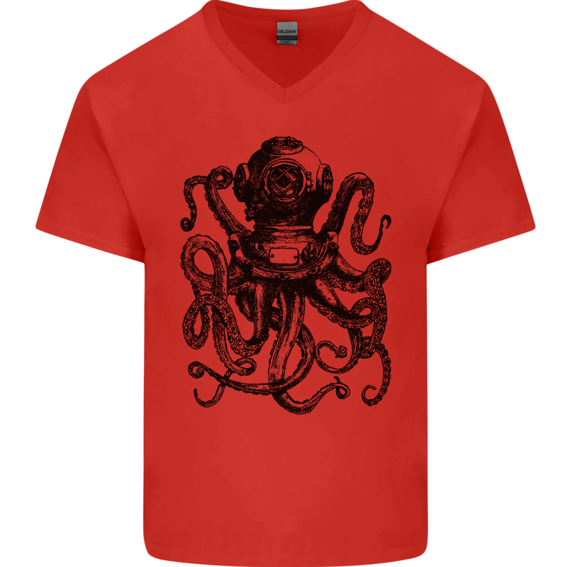 Scuba Octopus Diver Dive Diving Mens V-Neck Cotton T-Shirt Red