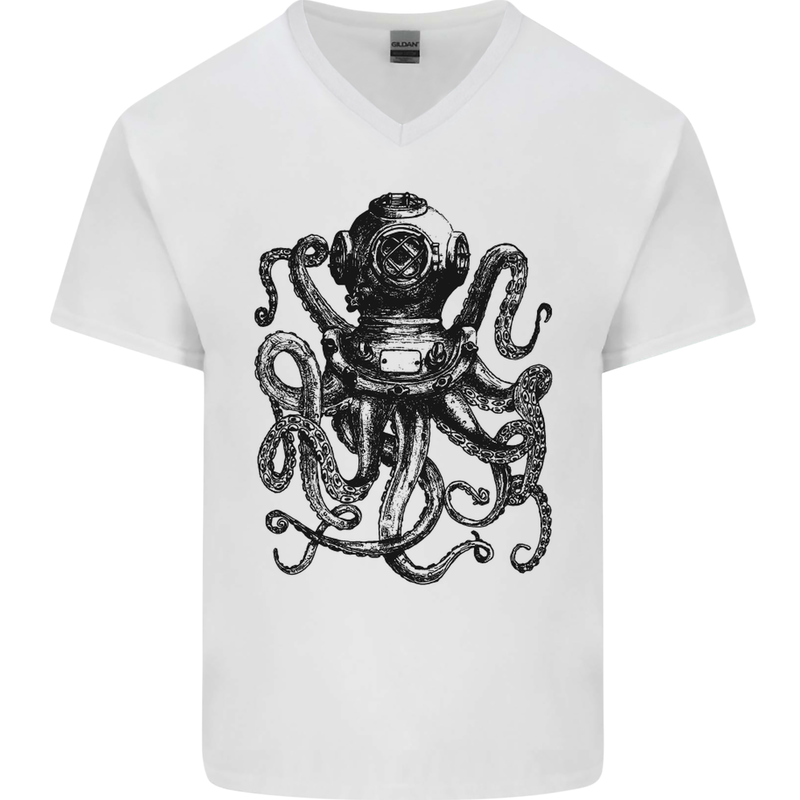 Scuba Octopus Diver Dive Diving Mens V-Neck Cotton T-Shirt White