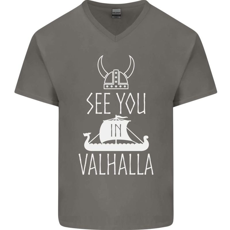 See You in Valhalla The Vikings Norse Odin Mens V-Neck Cotton T-Shirt Charcoal