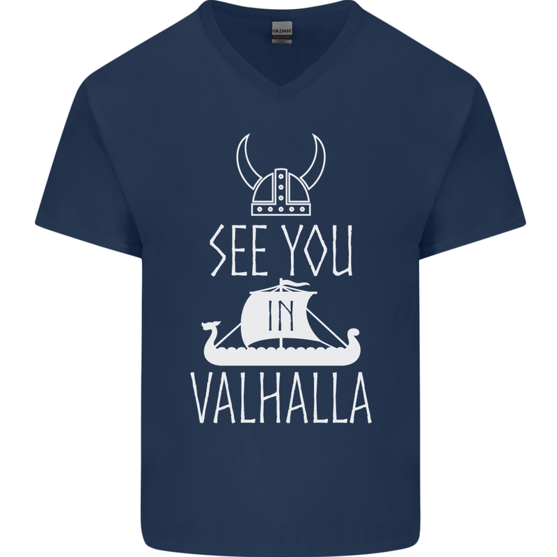 See You in Valhalla The Vikings Norse Odin Mens V-Neck Cotton T-Shirt Navy Blue