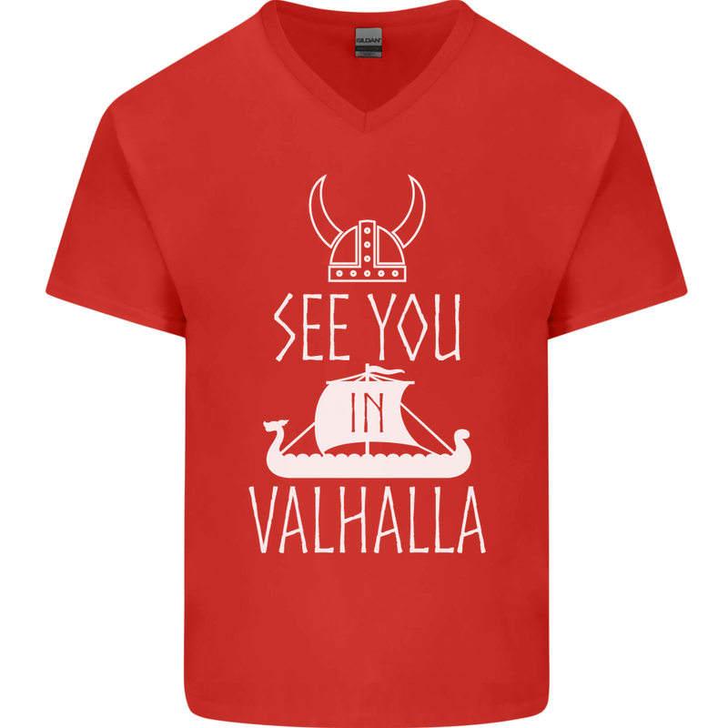 See You in Valhalla The Vikings Norse Odin Mens V-Neck Cotton T-Shirt Red