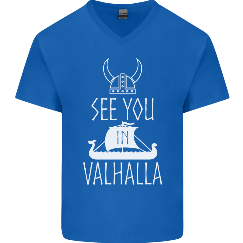 See You in Valhalla The Vikings Norse Odin Mens V-Neck Cotton T-Shirt Royal Blue