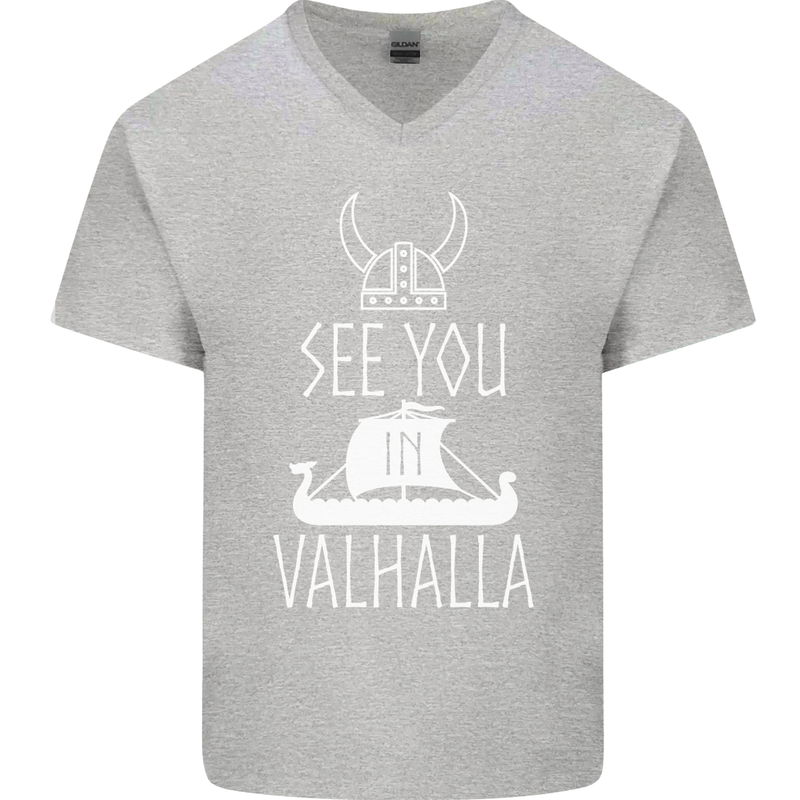 See You in Valhalla The Vikings Norse Odin Mens V-Neck Cotton T-Shirt Sports Grey