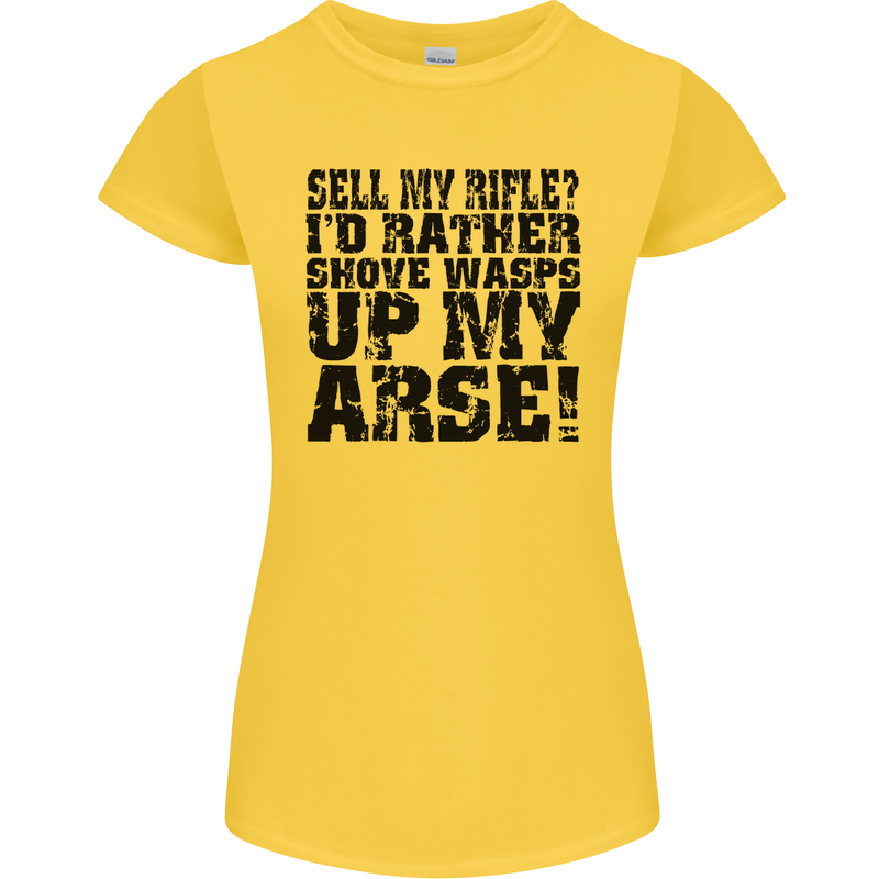 Sell My Rifle? Soldier Farmer Farming Range Womens Petite Cut T-Shirt Yellow