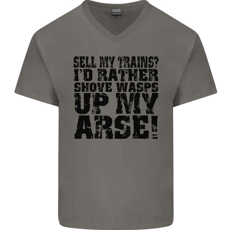 Sell My Trains? Trainspotter Trainspotting Mens V-Neck Cotton T-Shirt Charcoal
