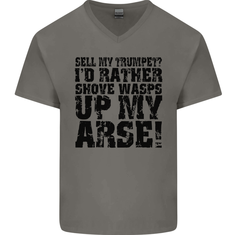 Sell My Trumpet? Funny Music Brass Mens V-Neck Cotton T-Shirt Charcoal