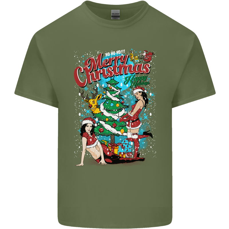 Sexy Merry Christmas Funny Christmas Mens Cotton T-Shirt Tee Top Military Green