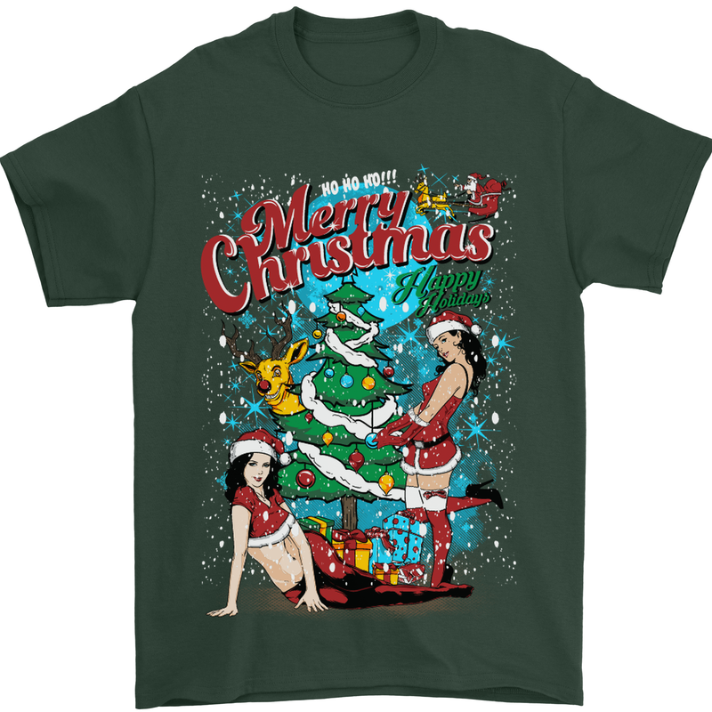 Sexy Merry Christmas Funny Christmas Mens T-Shirt Cotton Gildan Forest Green