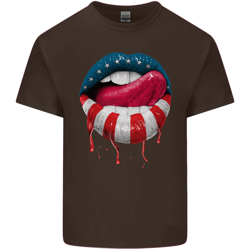 Sexy USA Flag Lips America July 4th Mens Cotton T-Shirt Tee Top Dark Chocolate