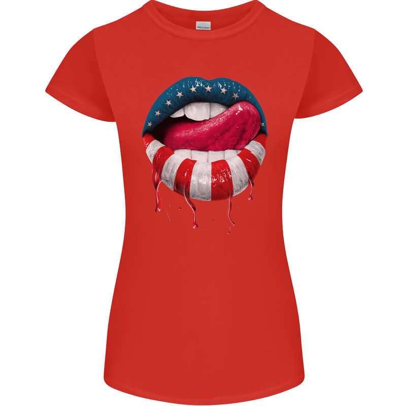 Sexy USA Flag Lips America July 4th Womens Petite Cut T-Shirt Red