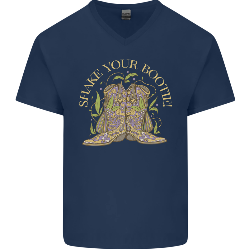 Shake Your Bootie Mardi Gras Mens V-Neck Cotton T-Shirt Navy Blue