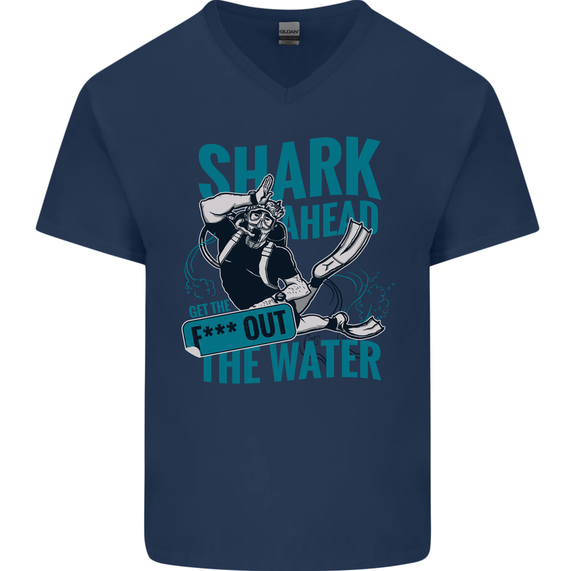 Shark Ahead Funny Diver Scuba Diving Mens V-Neck Cotton T-Shirt Navy Blue