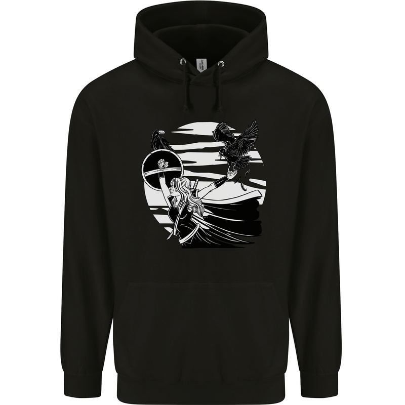 Shield Maiden With a Raven & Viking Ship Childrens Kids Hoodie Black