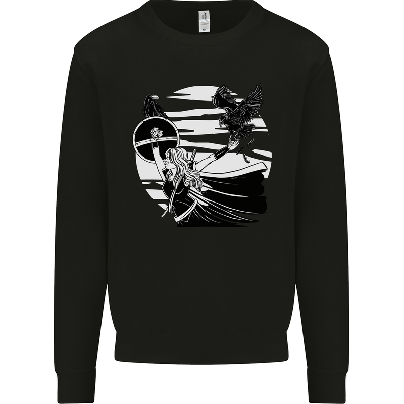 Shield Maiden With a Raven & Viking Ship Kids Sweatshirt Jumper Black