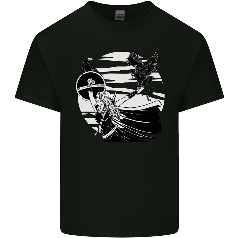 Shield Maiden With a Raven & Viking Ship Kids T-Shirt Childrens Black