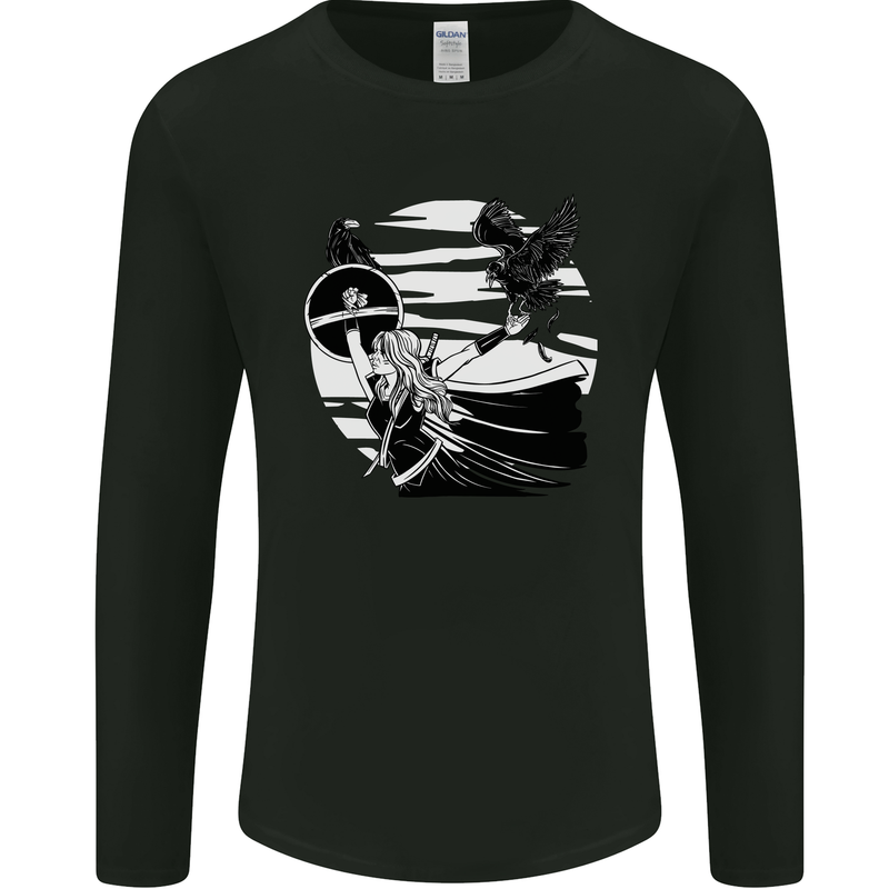 Shield Maiden With a Raven & Viking Ship Mens Long Sleeve T-Shirt Black