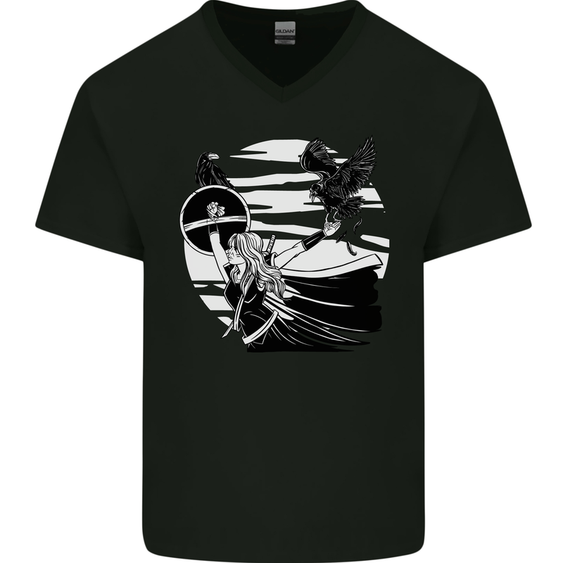 Shield Maiden With a Raven & Viking Ship Mens V-Neck Cotton T-Shirt Black