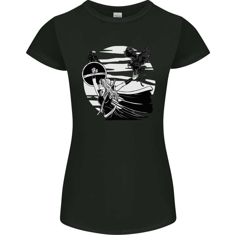 Shield Maiden With a Raven & Viking Ship Womens Petite Cut T-Shirt Black