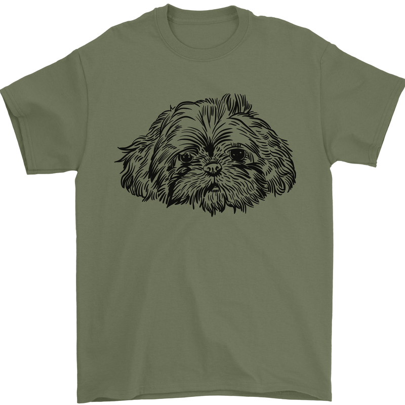 Shih Tzu Drawing Dogs Mens T-Shirt 100% Cotton Military Green