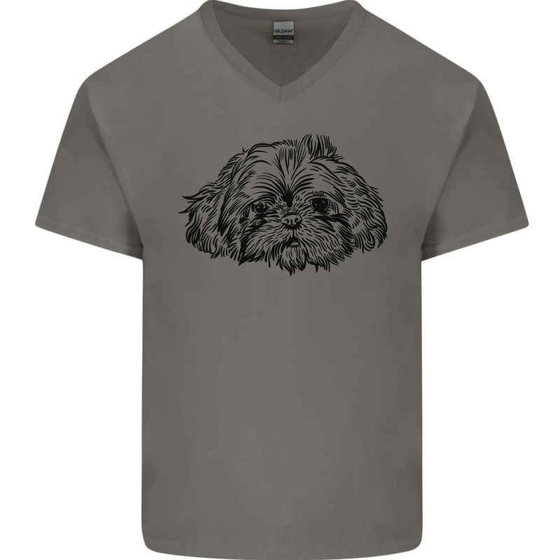 Shih Tzu Drawing Dogs Mens V-Neck Cotton T-Shirt Charcoal