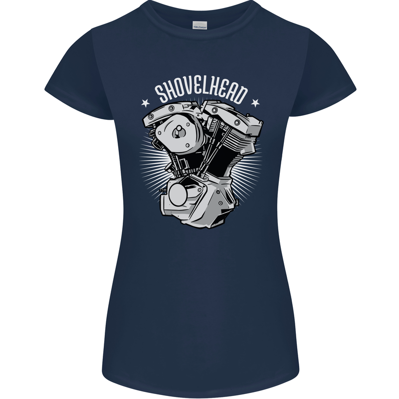 Shovelhead Motorcycle Engine Biker Womens Petite Cut T-Shirt Navy Blue