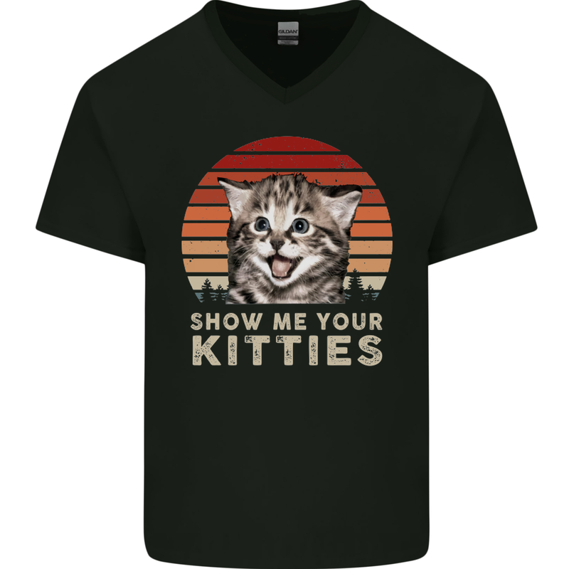 Show Me Your Kitties Funny Cat Kitten Mens V-Neck Cotton T-Shirt Black