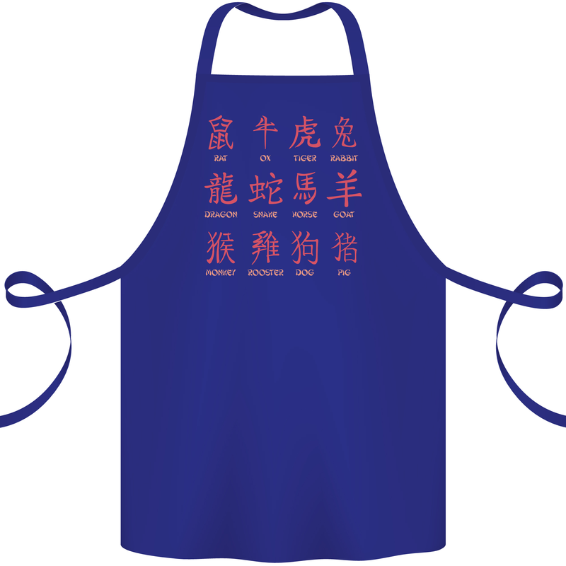 Signs of the Chinese Zodiac Shengxiao Cotton Apron 100% Organic Royal Blue