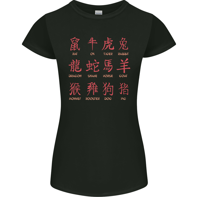 Signs of the Chinese Zodiac Shengxiao Womens Petite Cut T-Shirt Black