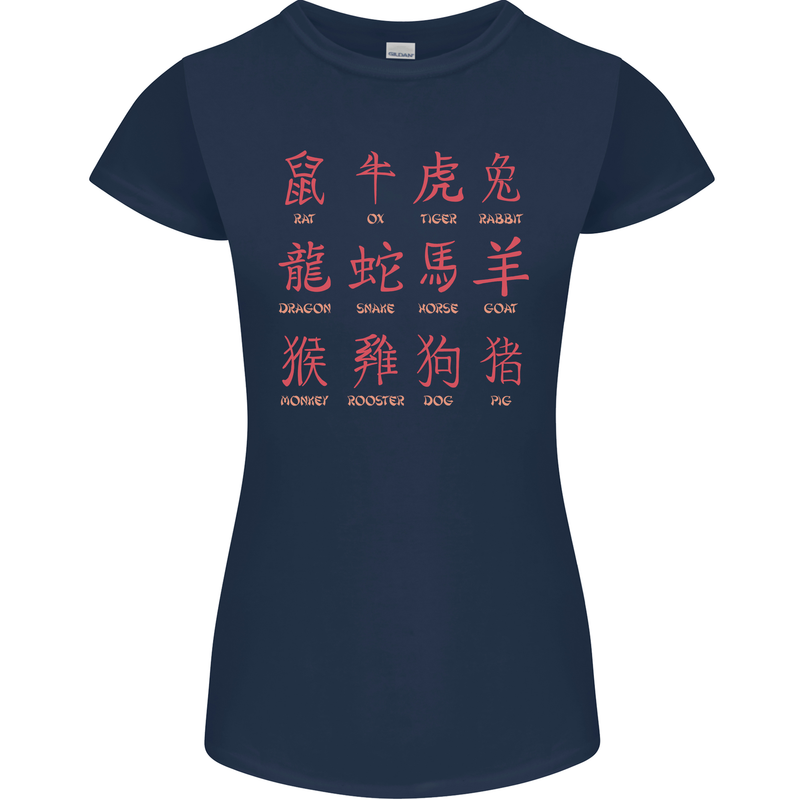 Signs of the Chinese Zodiac Shengxiao Womens Petite Cut T-Shirt Navy Blue