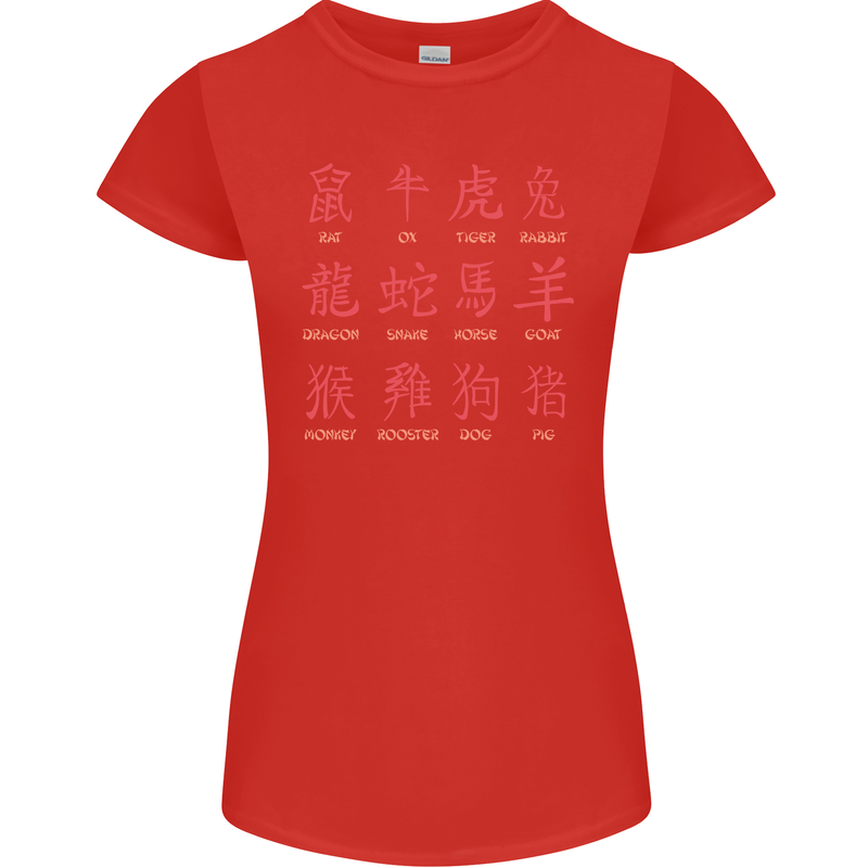 Signs of the Chinese Zodiac Shengxiao Womens Petite Cut T-Shirt Red