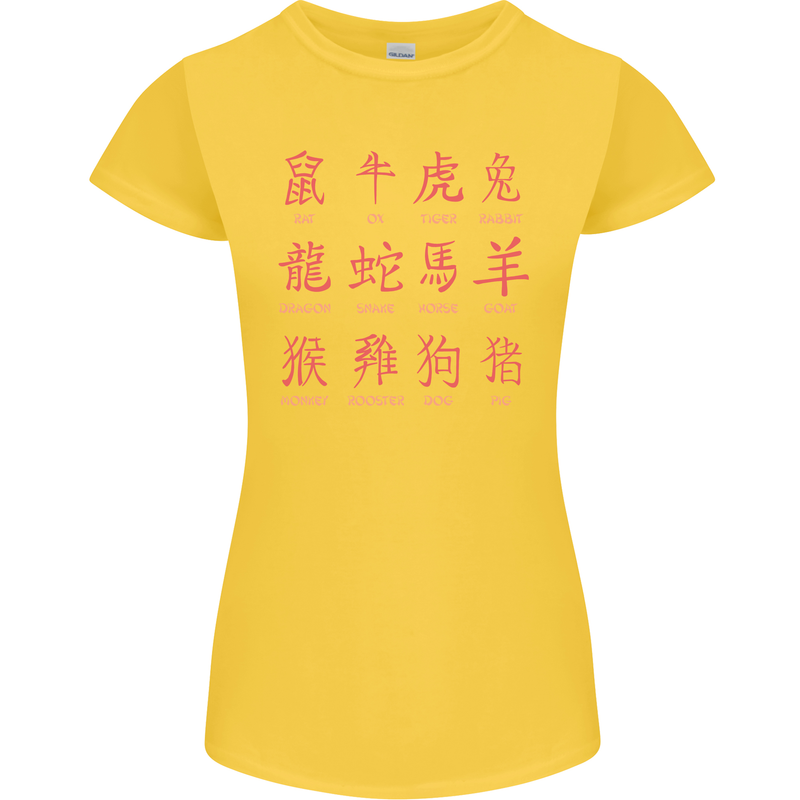 Signs of the Chinese Zodiac Shengxiao Womens Petite Cut T-Shirt Yellow