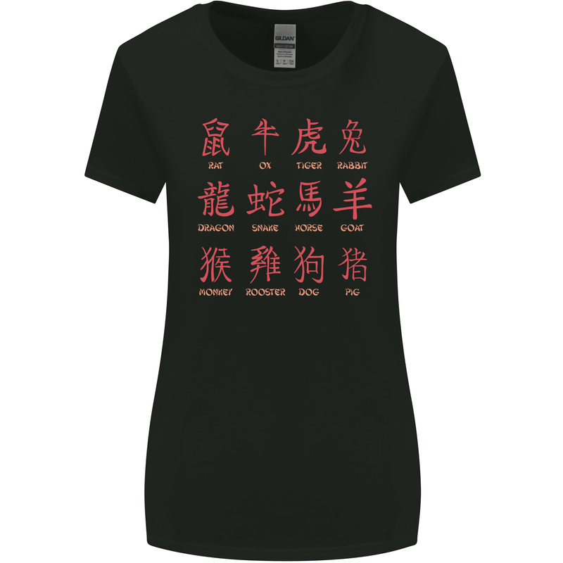 Signs of the Chinese Zodiac Shengxiao Womens Wider Cut T-Shirt Black