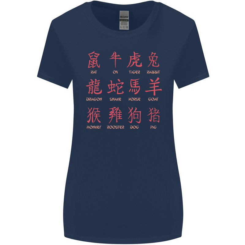 Signs of the Chinese Zodiac Shengxiao Womens Wider Cut T-Shirt Navy Blue