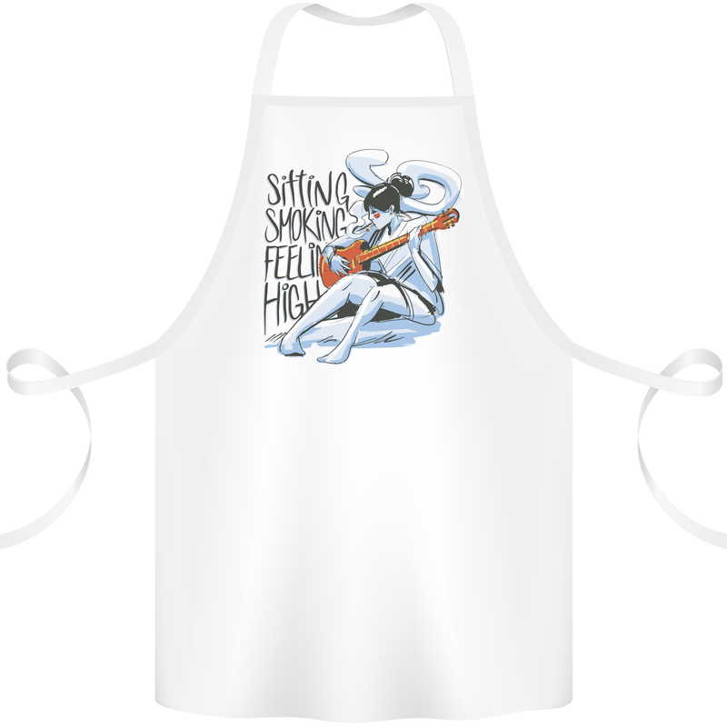 Sitting Smoking Weed Feeling High Cannabis Cotton Apron 100% Organic White