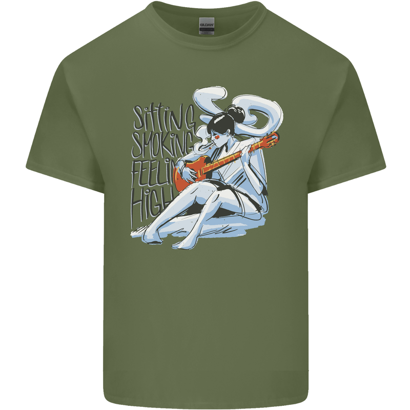 Sitting Smoking Weed Feeling High Cannabis Mens Cotton T-Shirt Tee Top Military Green