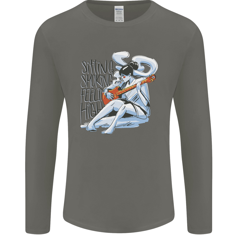 Sitting Smoking Weed Feeling High Cannabis Mens Long Sleeve T-Shirt Charcoal