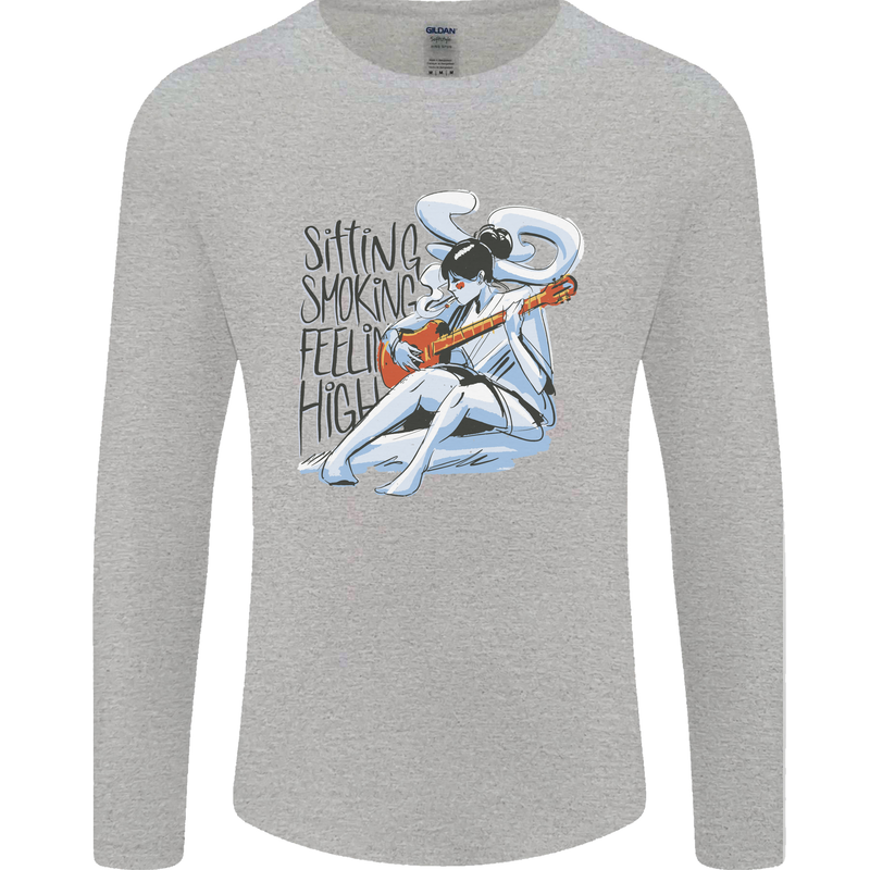 Sitting Smoking Weed Feeling High Cannabis Mens Long Sleeve T-Shirt Sports Grey