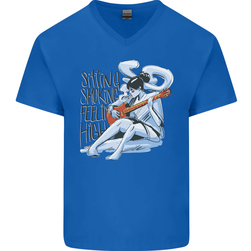 Sitting Smoking Weed Feeling High Cannabis Mens V-Neck Cotton T-Shirt Royal Blue