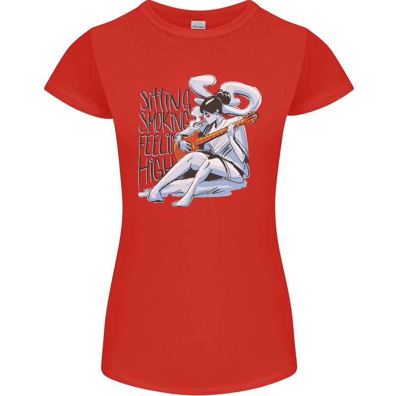 Sitting Smoking Weed Feeling High Cannabis Womens Petite Cut T-Shirt Red