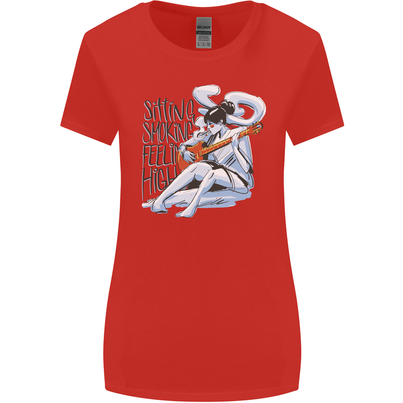 Sitting Smoking Weed Feeling High Cannabis Womens Wider Cut T-Shirt Red