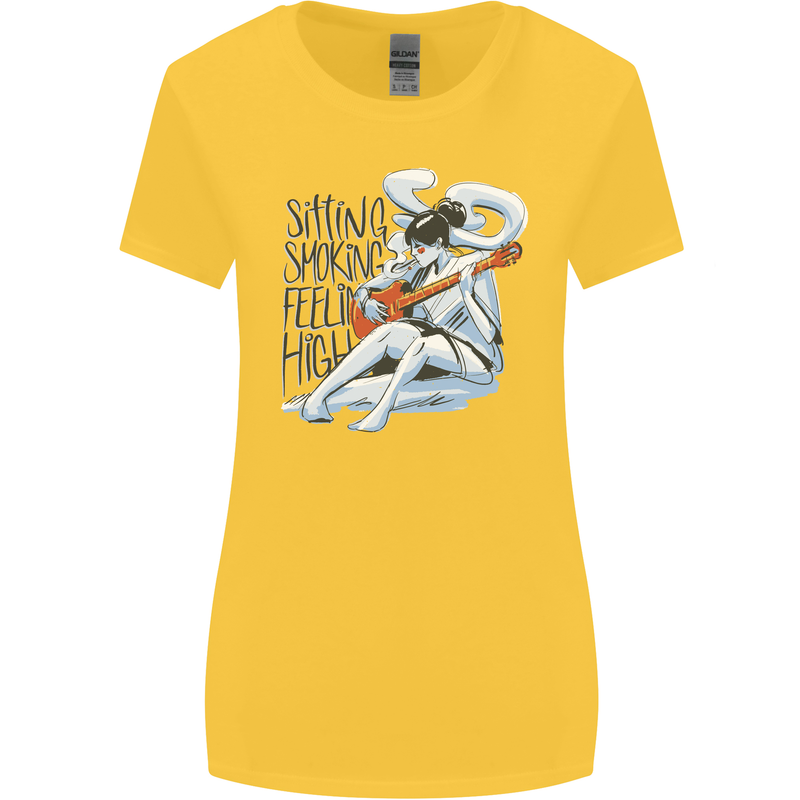 Sitting Smoking Weed Feeling High Cannabis Womens Wider Cut T-Shirt Yellow