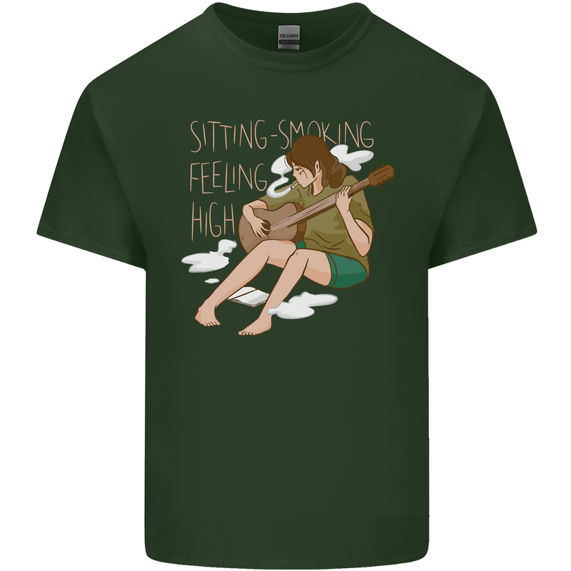 Sitting Smoking Weed Feeling High Drugs Mens Cotton T-Shirt Tee Top Forest Green